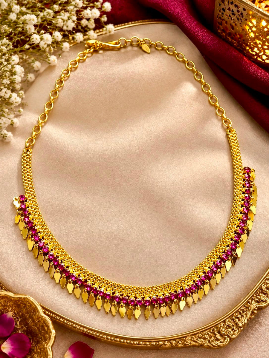 Anti-Tarnish Elakkathali Necklace with Pink Stones