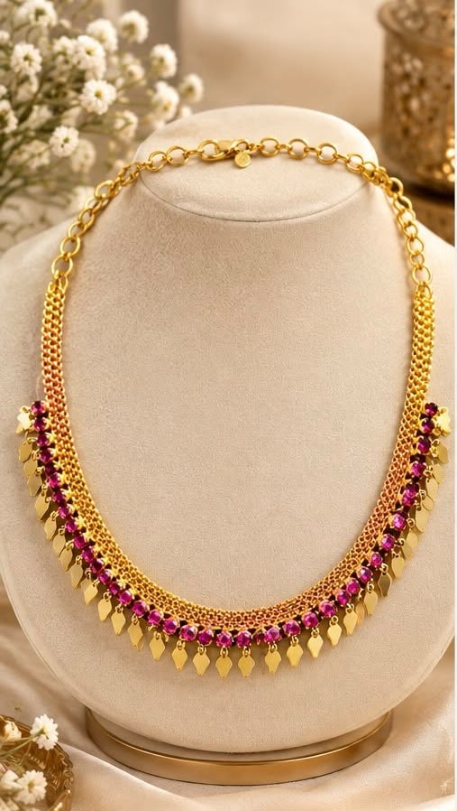 Anti-Tarnish Elakkathali Necklace with Pink Stones