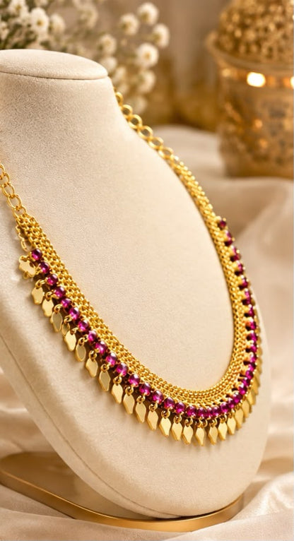 Anti-Tarnish Elakkathali Necklace with Pink Stones