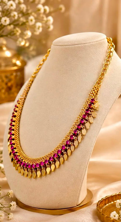 Anti-Tarnish Elakkathali Necklace with Pink Stones